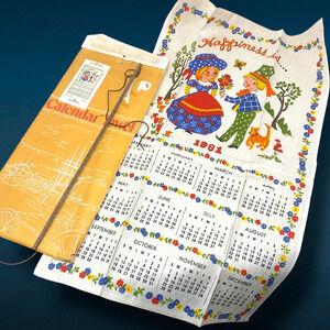 Vtg NEW 1981 100% Linen "Happiness is..." Calendar Tea Towel OG Dowel & Package